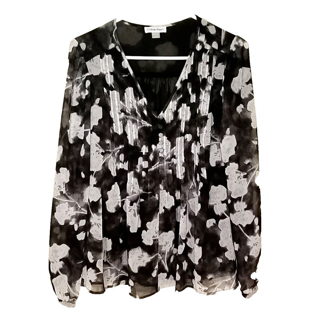 Calvin Klein floral print v neck puffed sleeve pleated blouse M Retail $79    C3